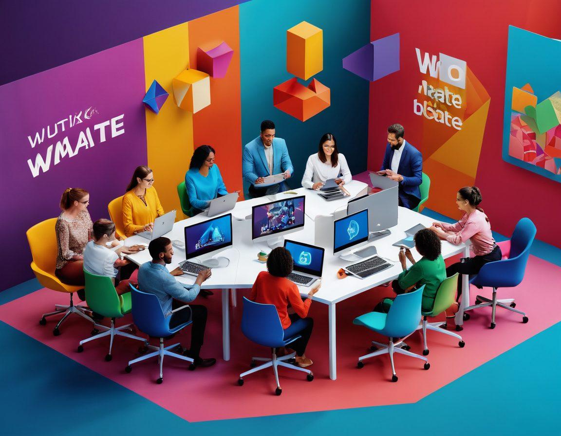 A dynamic scene showcasing a diverse group of people collaborating around digital devices, engaged in creative activities like sharing images and video content. Bold colors and geometric shapes symbolizing connectivity and innovation in a modern workspace. Wmate logo subtly integrated into the design. vibrant colors. 3D. modern style.