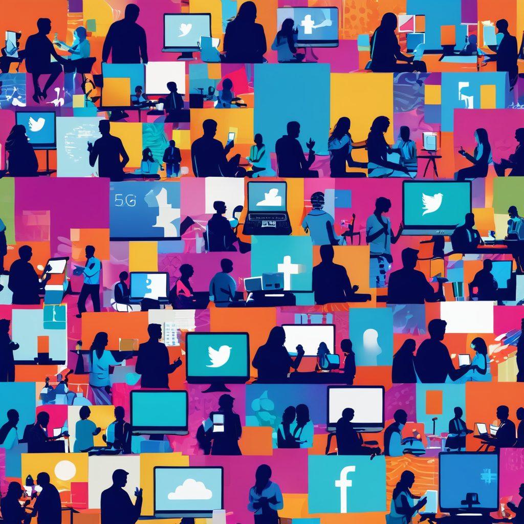 A vibrant digital collage showcasing bloggers collaborating, with screens filled with colorful community-driven content, diverse individuals sharing ideas, and interconnected social media icons. The background features a dynamic cityscape symbolizing the digital world and community. Bright colors and an inviting atmosphere create a sense of collaboration and creativity. super-realistic. vibrant colors. 3D.