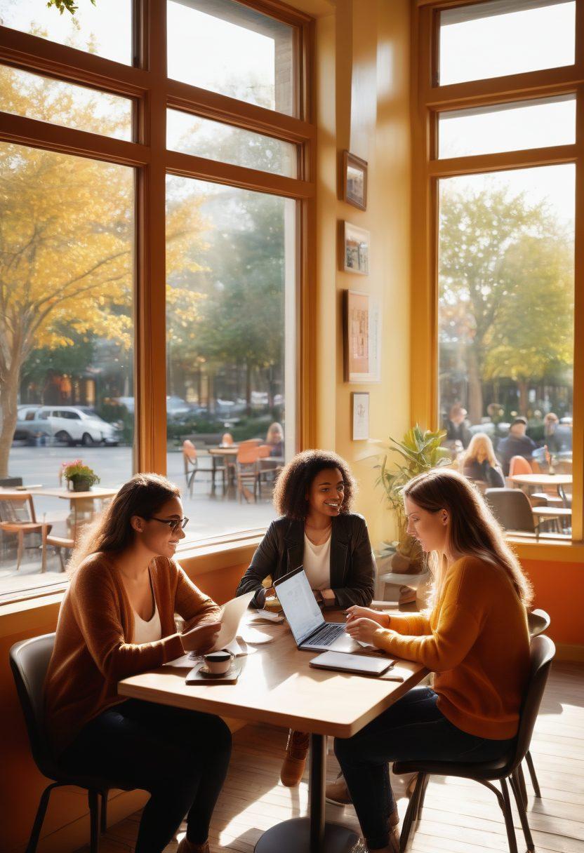 A diverse group of bloggers collaborating in a cozy, sunlit café, surrounded by laptops and coffee cups, sharing ideas and inspiring one another. A large window reveals a welcoming community park outside with people engaging in various activities, symbolizing connection and support. Warm, inviting colors enhance the atmosphere of creativity and friendship. super-realistic. vibrant colors. warm ambiance.